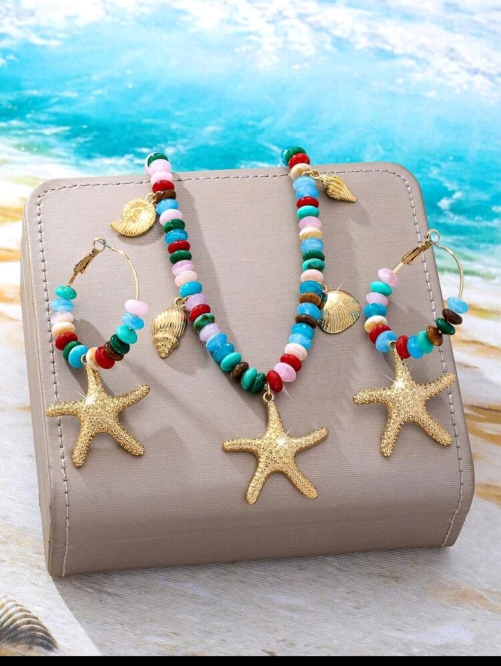 BRAND NEW ** Colorful Beaded Starfish Necklace & Hoop Earring Set
